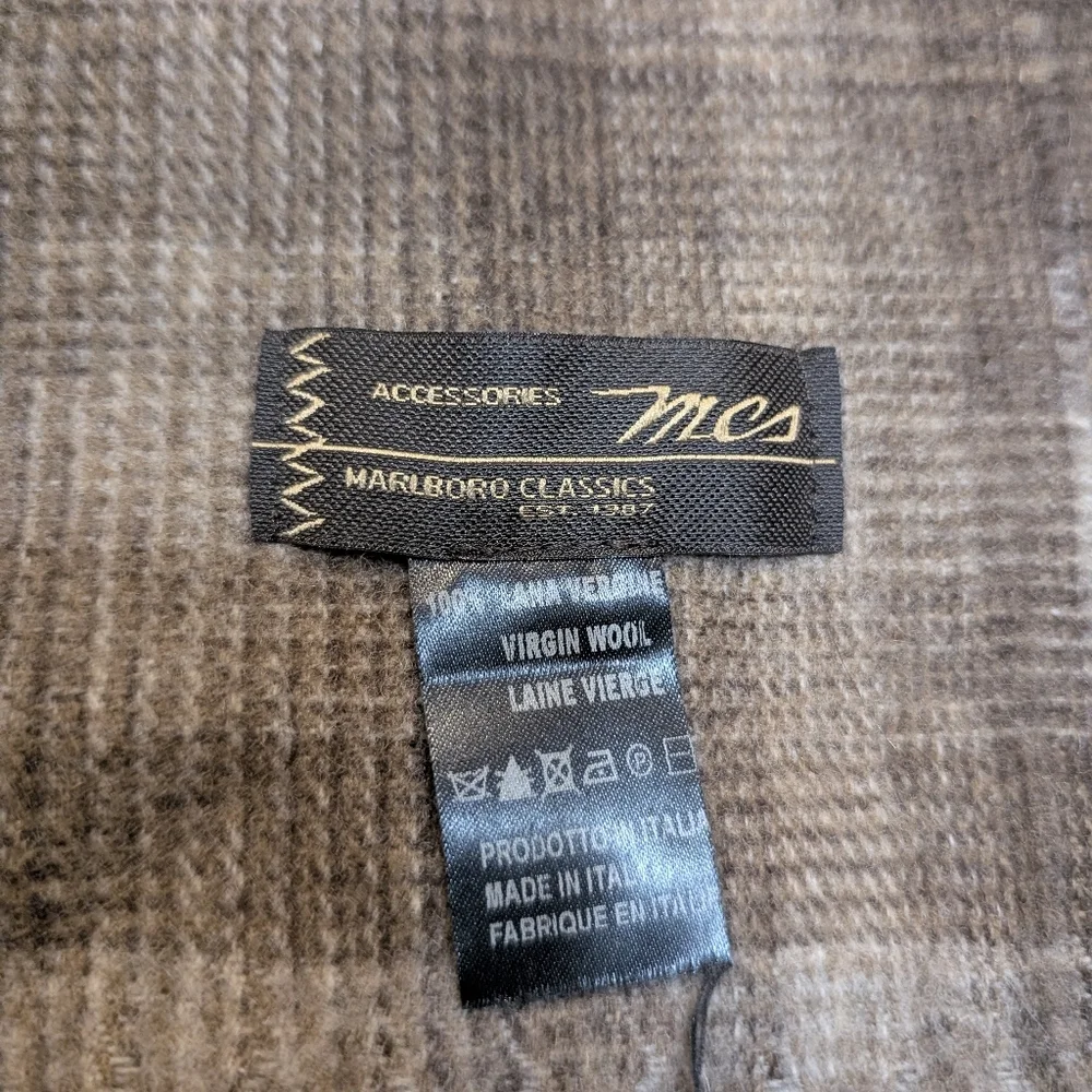 VTG Marlboro Classics Checkered Brown Scarf Virgin Wool
